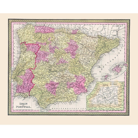 Spain Portugal - Cowperthwait 1850 White Modern Wood Framed Art Print by Cowperthwait