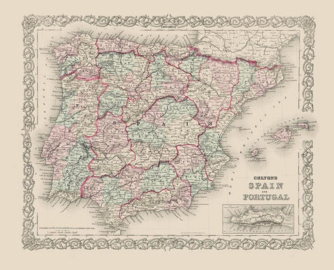 Spain Portugal - Colton 1886 White Modern Wood Framed Art Print with Double Matting by Colton