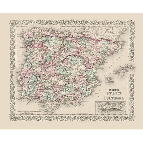 Spain Portugal - Colton 1886 Black Modern Wood Framed Art Print with Double Matting by Colton