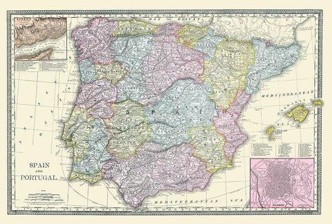 Spain Portugal - Rand McNally 1889 White Modern Wood Framed Art Print with Double Matting by Rand McNally