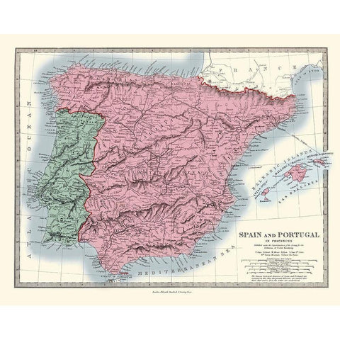 Spain Portugal - Stanford 1865 Black Modern Wood Framed Art Print with Double Matting by Stanford