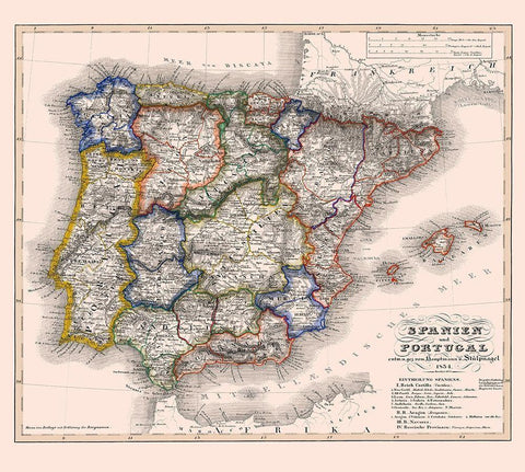 Spain Portugal - Perthes 1834 White Modern Wood Framed Art Print with Double Matting by Perthes