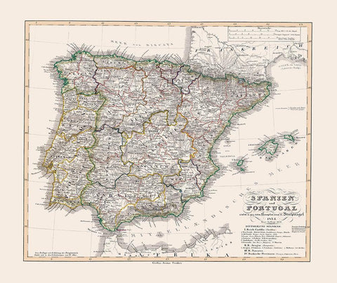 Spain Portugal - Perthes 1834 White Modern Wood Framed Art Print with Double Matting by Perthes
