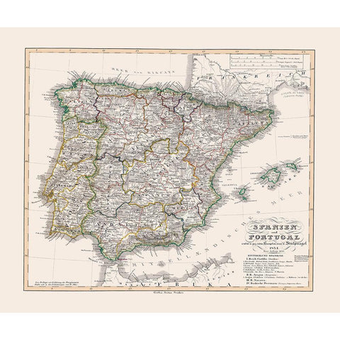 Spain Portugal - Perthes 1834 Black Modern Wood Framed Art Print with Double Matting by Perthes