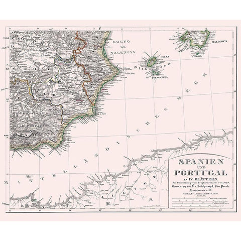 Southeast Spain Portugal - Perthes 1850 White Modern Wood Framed Art Print by Perthes