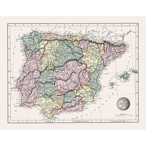 Spain Portugal - Arrowsmith 1825 Black Modern Wood Framed Art Print with Double Matting by Arrowsmith