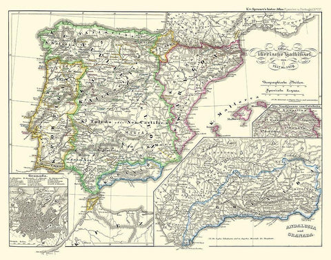 Spain Portugal - Perthes 1854 Black Ornate Wood Framed Art Print with Double Matting by Perthes