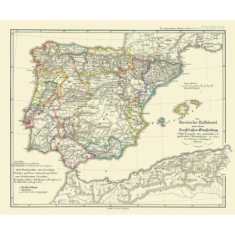 Spain Portugal - Perthes 1854 Gold Ornate Wood Framed Art Print with Double Matting by Perthes