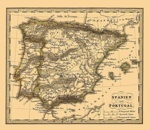 Spain Portugal - Stieler 1852 Black Ornate Wood Framed Art Print with Double Matting by Stieler