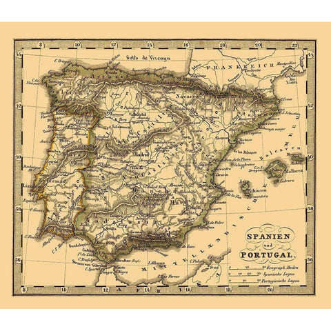 Spain Portugal - Stieler 1852 Gold Ornate Wood Framed Art Print with Double Matting by Stieler