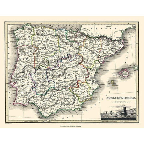 Spain Portugal - Thomson 1836 Black Modern Wood Framed Art Print with Double Matting by Thomson