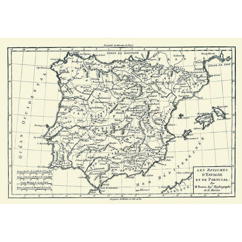 Spain Portugal - Bonne 1780 White Modern Wood Framed Art Print by Bonne