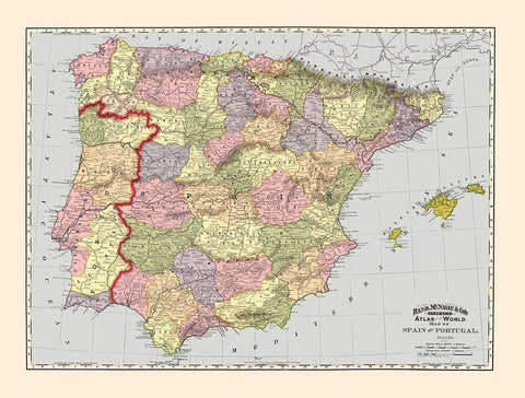 Spain Portugal - Rand McNally 1897 Black Ornate Wood Framed Art Print with Double Matting by Rand McNally