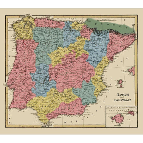 Spain Portugal - Lucas 1823 Black Modern Wood Framed Art Print with Double Matting by Lucas
