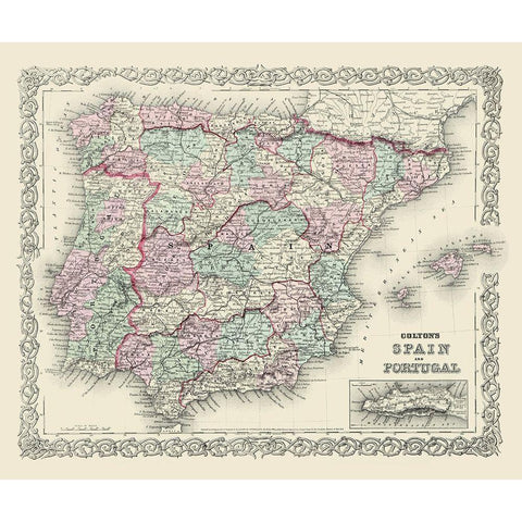 Spain Portugal - Colton 1874 Black Modern Wood Framed Art Print with Double Matting by Colton