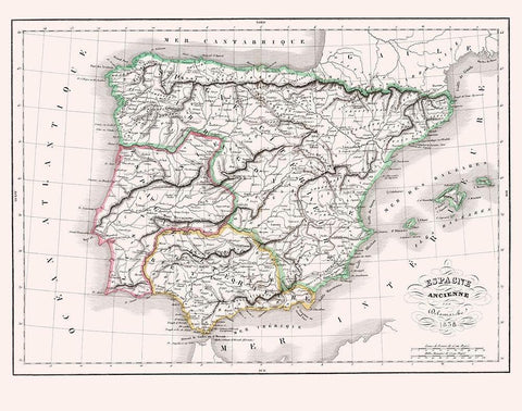 Spain Portugal - Delamarche 1847 Black Ornate Wood Framed Art Print with Double Matting by Delamarche