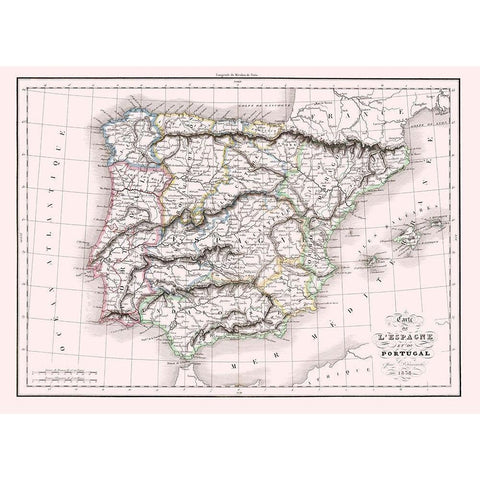 Spain Portugal - Delamarche 1847 Black Modern Wood Framed Art Print with Double Matting by Delamarche