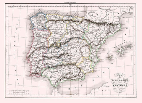 Spain Portugal - Delamarche 1847 White Modern Wood Framed Art Print with Double Matting by Delamarche