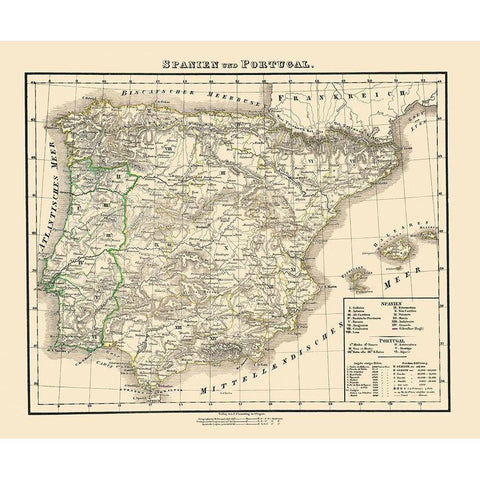 Spain Portugal - Flemming 1855 White Modern Wood Framed Art Print by Flemming