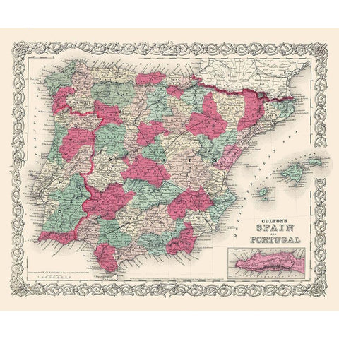 Spain Portugal - Colton 1874 Black Modern Wood Framed Art Print with Double Matting by Colton