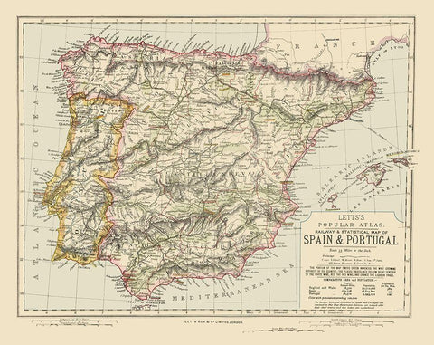 Spain Portugal - Letts 1883 Black Ornate Wood Framed Art Print with Double Matting by Letts