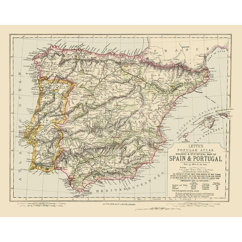 Spain Portugal - Letts 1883 Black Modern Wood Framed Art Print by Letts
