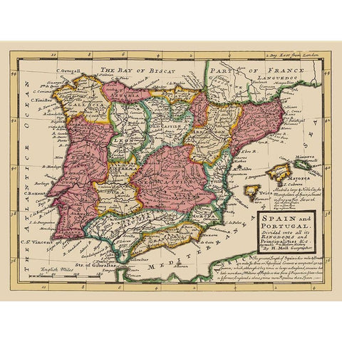 Spain Portugal - Moll 1736 Black Modern Wood Framed Art Print with Double Matting by Moll