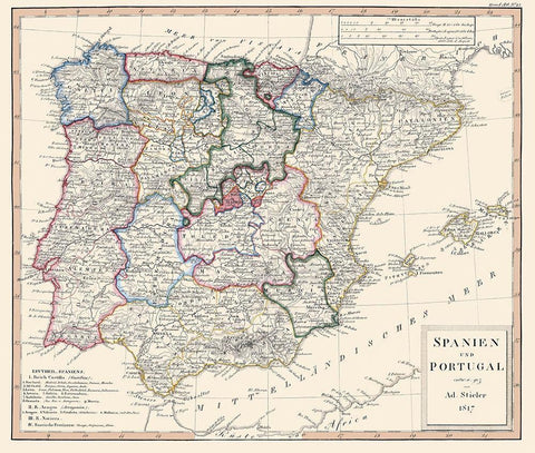 Spain Portugal - Perthes 1817 White Modern Wood Framed Art Print with Double Matting by Perthes