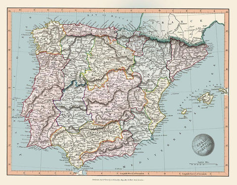 Spain Portugal - Arrowsmith 1840 White Modern Wood Framed Art Print with Double Matting by Arrowsmith