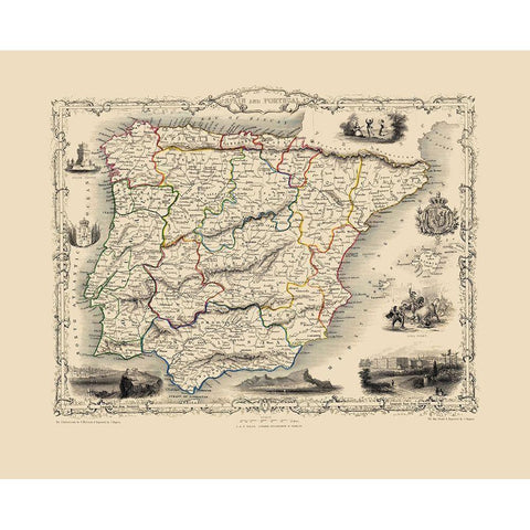 Spain Portugal - Tallis 1851 White Modern Wood Framed Art Print by Tallis