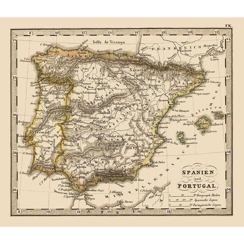 Spain Portugal - Stieler 1852 Gold Ornate Wood Framed Art Print with Double Matting by Stieler