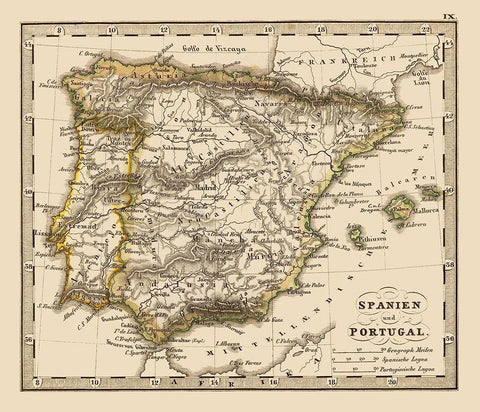 Spain Portugal - Stieler 1852 White Modern Wood Framed Art Print with Double Matting by Stieler