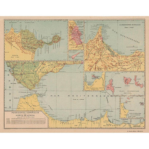 Spanish Possessions in North Africa - Martin 1903 Gold Ornate Wood Framed Art Print with Double Matting by Martin