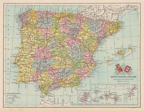 Spain Portugal - Martin 1911 Black Ornate Wood Framed Art Print with Double Matting by Martin