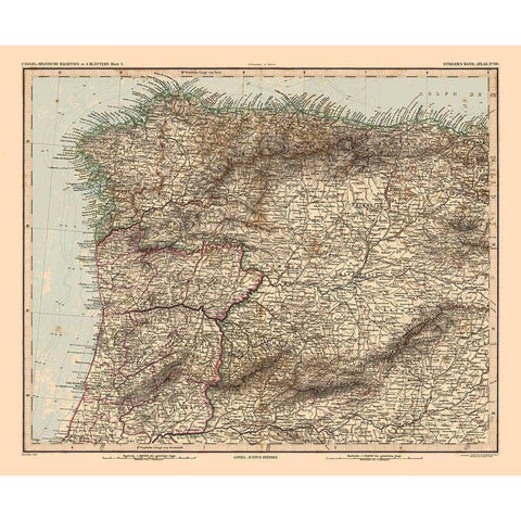 North West Spain Portugal - Stieler 1885 Black Modern Wood Framed Art Print by Stieler