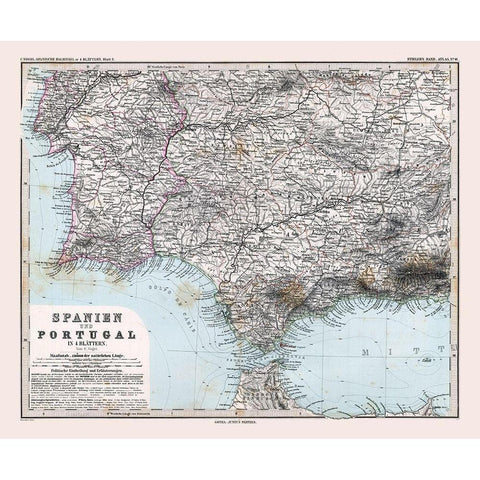 Southwest Spain Portugal - Stieler 1885 White Modern Wood Framed Art Print by Stieler