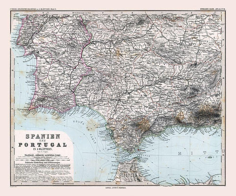 Southwest Spain Portugal - Stieler 1885 White Modern Wood Framed Art Print with Double Matting by Stieler