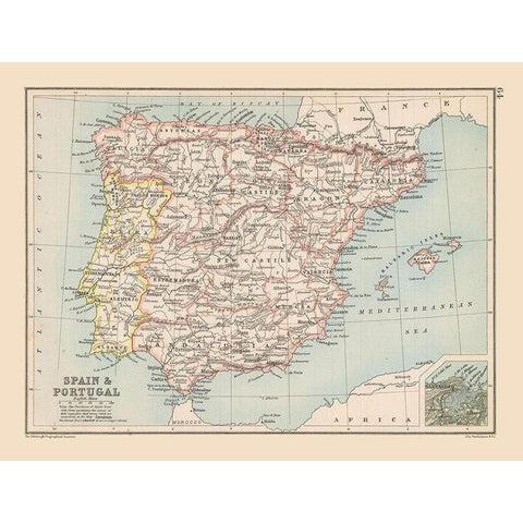 Spain Portugal - Bartholomew 1892 Gold Ornate Wood Framed Art Print with Double Matting by Bartholomew