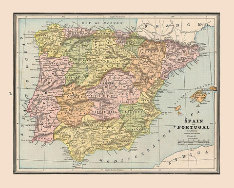 Spain Portugal - Cram 1888 Black Ornate Wood Framed Art Print with Double Matting by Cram