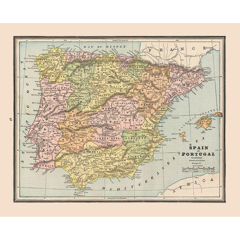 Spain Portugal - Cram 1888 White Modern Wood Framed Art Print by Cram