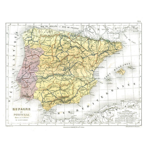 Spain Portugal - Cortambert 1880 Black Modern Wood Framed Art Print with Double Matting by Cortambert