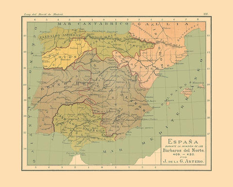 Spain 409 AD to 420 AD - Artero 1879 White Modern Wood Framed Art Print with Double Matting by Artero