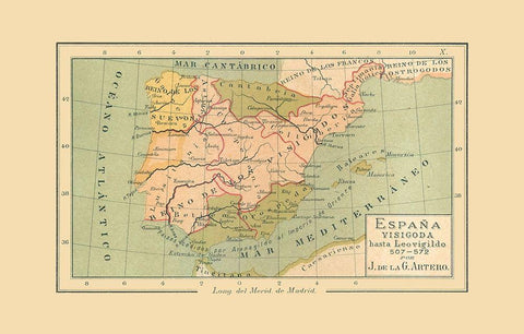 Spain 507 AD to 572 AD - Artero 1879 White Modern Wood Framed Art Print with Double Matting by Artero