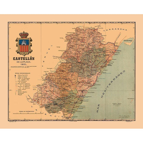 Castellon de la Plana Spain 1901 - Martine 1904 Gold Ornate Wood Framed Art Print with Double Matting by Martine