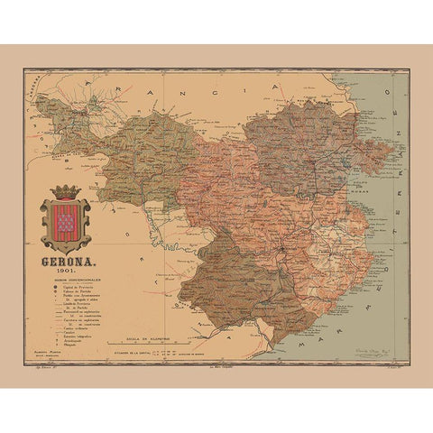 Girona Spain 1901 - Martine 1904 Gold Ornate Wood Framed Art Print with Double Matting by Martine