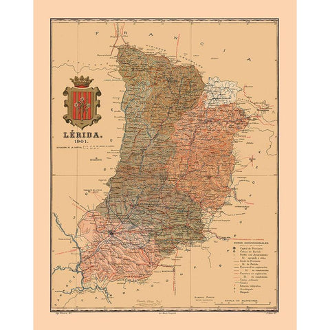 Lleida Spain 1901 - Martine 1904 Gold Ornate Wood Framed Art Print with Double Matting by Martine