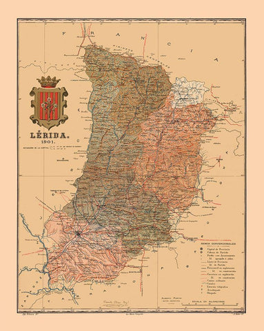 Lleida Spain 1901 - Martine 1904 Black Ornate Wood Framed Art Print with Double Matting by Martine