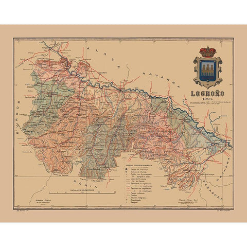 Logrono Spain 1901 - Martine 1904 Gold Ornate Wood Framed Art Print with Double Matting by Martine