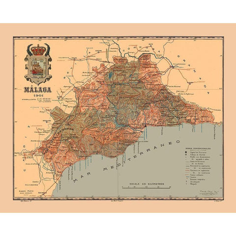 Malaga Spain 1901 - Martine 1904 Black Modern Wood Framed Art Print with Double Matting by Martine