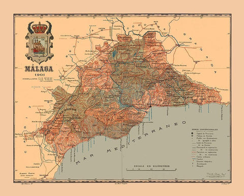 Malaga Spain 1901 - Martine 1904 White Modern Wood Framed Art Print with Double Matting by Martine